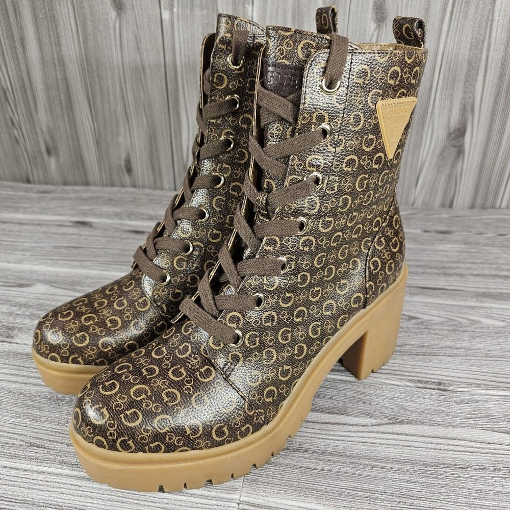 Guess Quincy 3 Logo Heeled Boots - Brown/Tan - DSLRT06K - Women's Size 9 NEW